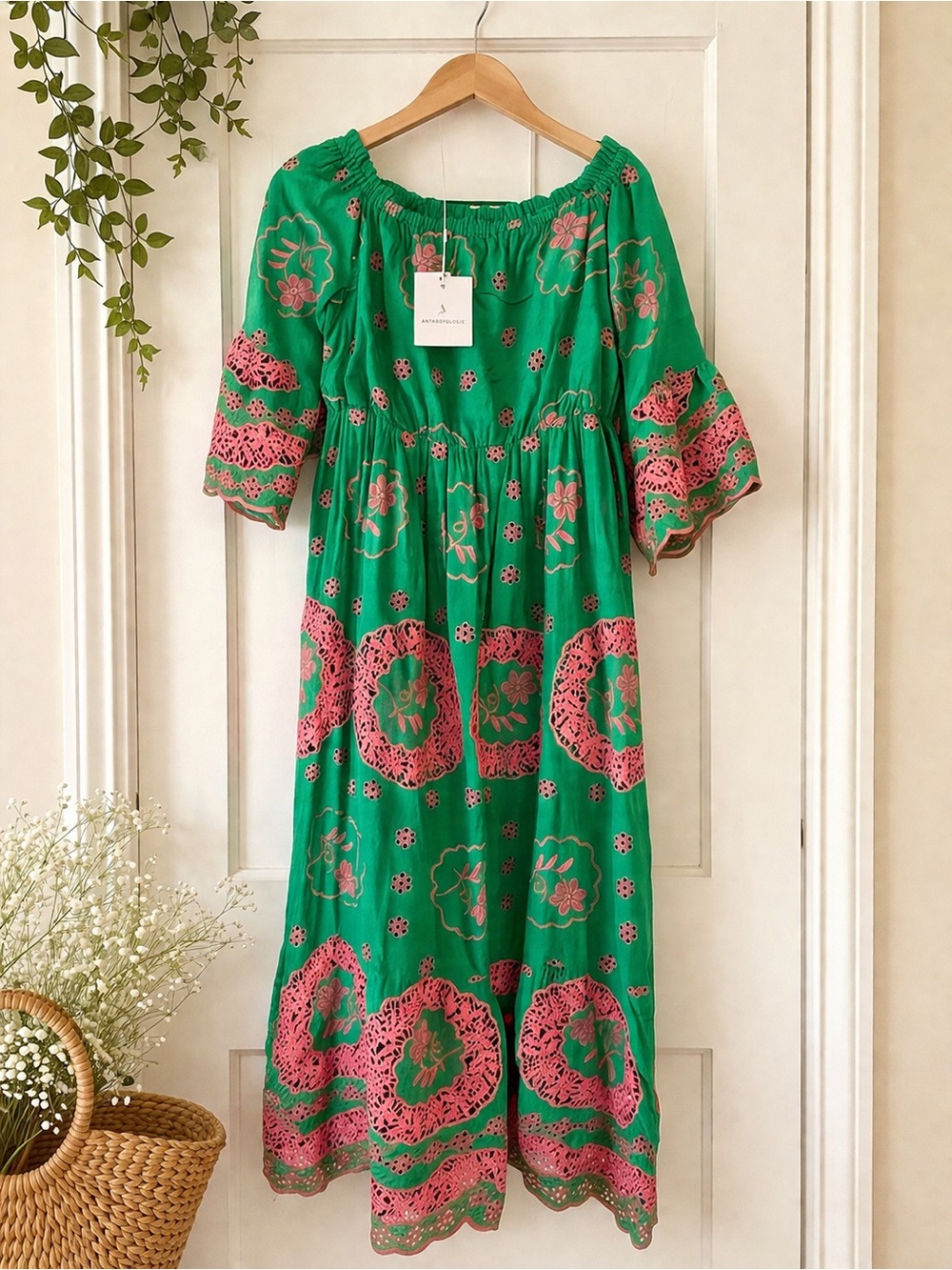 NWT ADDCONFDT Boho Green & Pink Embroidered Midi Dress | Size M 🌿 - Picture 3 of 4